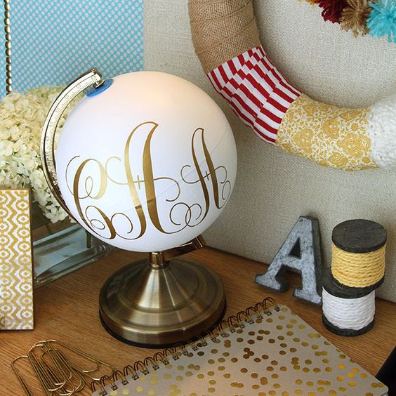 Monogrammed Globe DIY. This project is perfect for a thrift store find of an old globe. Would make a lovely room decor!