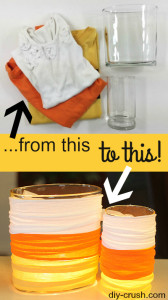 Make cute fabric wrapped glass candle holders from used knit shirts and empty candles. Great money saving project! DIY Crush