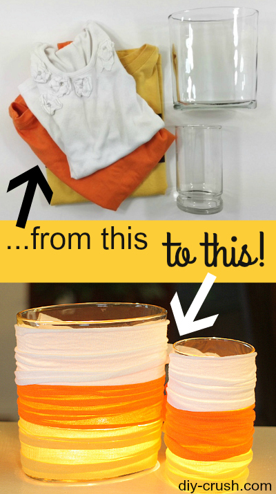 Make cute fabric wrapped glass candle holders from used knit shirts and empty candles. Great money saving project! See this Candy Corn Knit Fabric Wrapped Candle Holder at DIY Crush