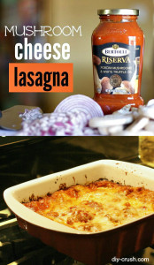 Mushroom Cheese Lasagna with Bertolli Riserva Sauce. This meatless dish is nothing shy of harty and satisfying. The quick prep time allows for more family time | DIY Crush
