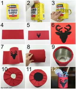 Turn a coffee container into a pretty Christmas inspired storage container with deer applique. Perfect for any room | DIY Crush
