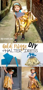 Gold Fringe Halter Dress DIY. Sew a cute halter dress from a regular knot dress pattern. The skirt features gold lame' spandex fabric with a fringe hem. Click to see how easy this is | DIY Crush