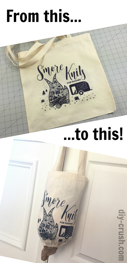 Make a grocery bag holder from a tote bag. A free video tutorial at | DIY Crush 