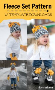 Free fleece hat, mitten and leg warmers patterns for download.