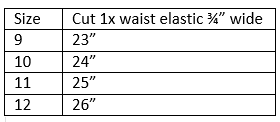 Chart for cutting the waist elastic for the free pajama sewing pattern.