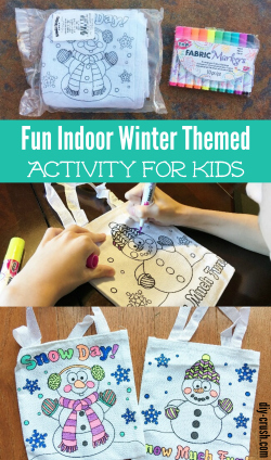 Fun indoor winter themed activity for kids. Color snowman tote bags with fabric markers. This review is sponsored by Oriental Trading Company.