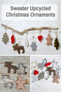 Upcycled sweater Christmas ornaments.