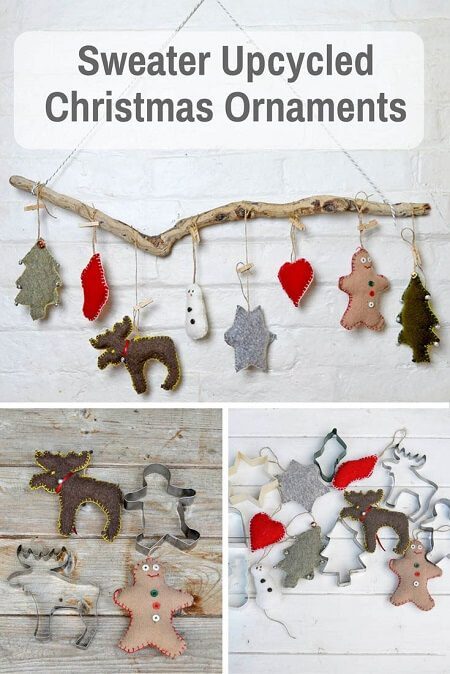 Upcycled sweater Christmas ornaments.