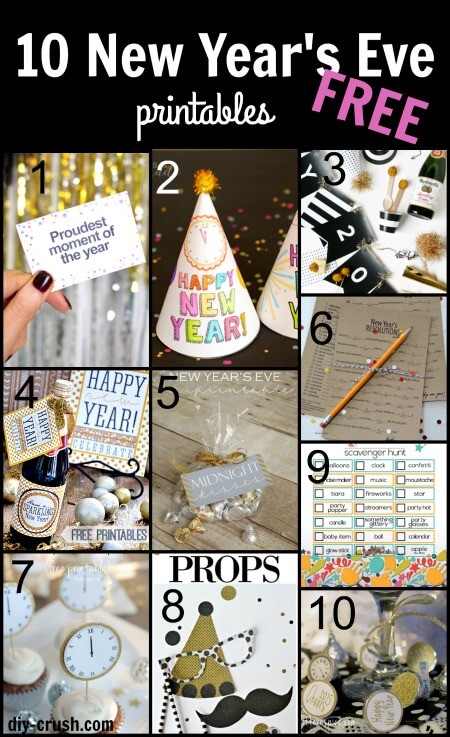 10 New Year's Eve Printables for kids and adults. Games printables and party hats, banners, lables and more.