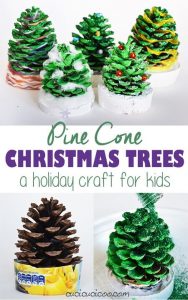 DIY Pine Cone Christmas Trees for kids. Collect some pine cones and craft cute little Christmas trees.