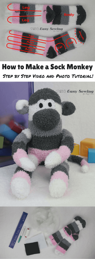 Socks make sock monkeys - a free tutorial on how to make a sock monkey in easy steps. Perfect beginner tutorial.