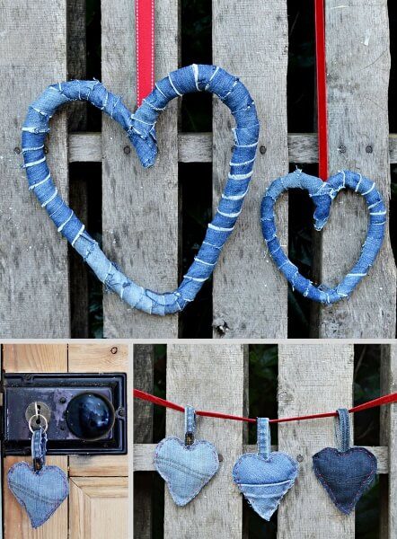 Upcycled denim hearts DIY. A great way to use up old denim jeans.