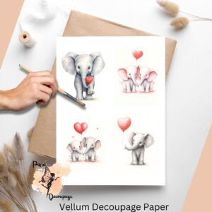 Set of 4 images of very cute elephants holding heart shaped balloons.
