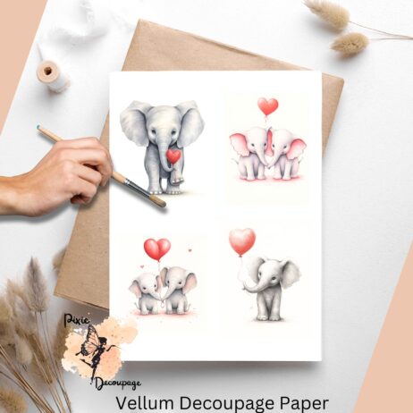 Set of 4 images of very cute elephants holding heart shaped balloons.