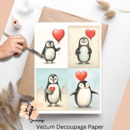 Set of 4 images of cute penguins holding red hearts ready to celebrate Valentine's day.