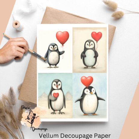 Set of 4 images of cute penguins holding red hearts ready to celebrate Valentine's day.