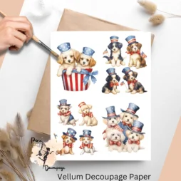 Decoupage paper featuring cute pups celebrating the 4th of July.