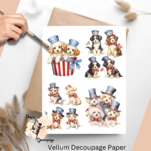 Decoupage paper featuring cute pups celebrating the 4th of July.