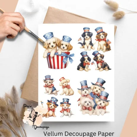 Decoupage paper featuring cute pups celebrating the 4th of July.