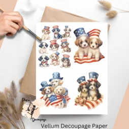 Cute dogs celebrating Independence day wearing red, white and blue attire.