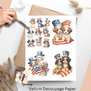 Cute dogs celebrating Independence day wearing red, white and blue attire.