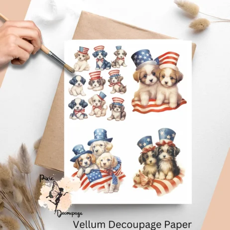 Cute dogs celebrating Independence day wearing red, white and blue attire.