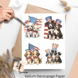 Decoupage Paper featuring cute pups holding the American flag.