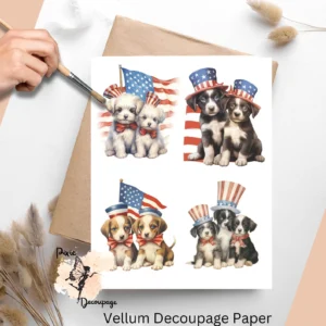 Decoupage Paper featuring cute pups holding the American flag.