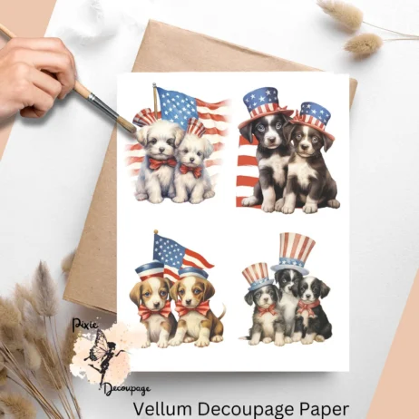 Decoupage Paper featuring cute pups holding the American flag.