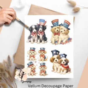 Decoupage paper featuring pups dressed up to celebrate Independence Day.