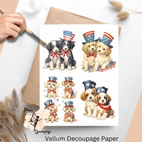 Decoupage paper featuring pups dressed up to celebrate Independence Day.