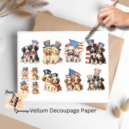 Eight images for vellum decoupage. They feature cute pups of different breeds in 4th of July attire.