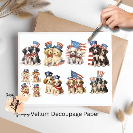 Eight images for vellum decoupage. They feature cute pups of different breeds in 4th of July attire.