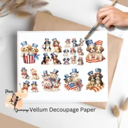 Set of 8 designs for vellum decoupage. It features adorable dogs wearing red, white, blue attire.