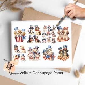 Set of 8 designs for vellum decoupage. It features adorable dogs wearing red, white, blue attire.