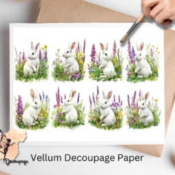 White Bunny in Flowers Collage 1, Vellum Decoupage Paper