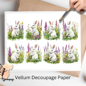 White Bunny in Flowers Collage 1, Vellum Decoupage Paper