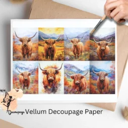 Eight images of cows in the field. Highland Cow in Fall Collage 1, Vellum Decoupage Paper