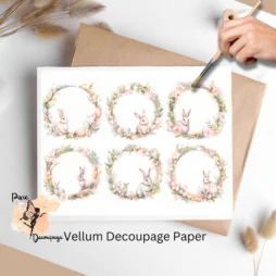 Six images of bunnies in pink wreaths. Easter Bunny Wreath Collage 1, Vellum Decoupage Paper