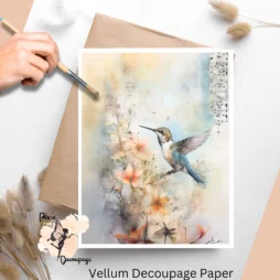 Image of a hummingbird and flowers. Hummingbird Altered Art 2, Vellum Decoupage Paper