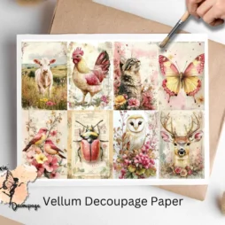 Eight images of cute animals in a shabby chic background. Shabby Chic Farm Animals Collage 1, Vellum Decoupage Paper