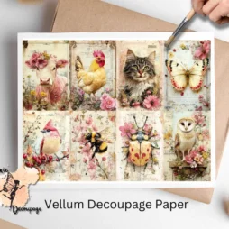 Eight images of farm animals, cow, cat, owl. Shabby Chic Farm Animals Collage 2, Vellum Decoupage Paper