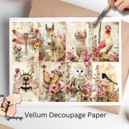Eight images of different animals such as a cow and a kitten. Shabby Chic Farm Animals Collage 3, Vellum Decoupage Paper
