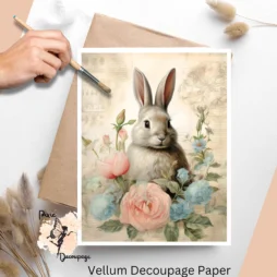 One big image of a bunny on a vintage background. Vintage Bunny in Flowers 2, Vellum Decoupage Paper