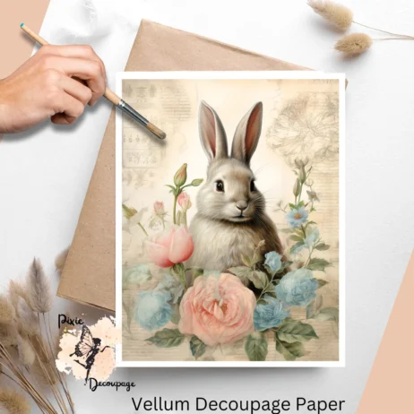 One big image of a bunny on a vintage background. Vintage Bunny in Flowers 2, Vellum Decoupage Paper
