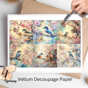 Six images of birds and birdhouses. Bird with Birdhouse Collage 1, Vellum Decoupage Paper