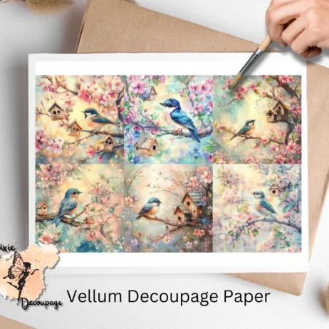 Six images of birds and birdhouses. Bird with Birdhouse Collage 1, Vellum Decoupage Paper