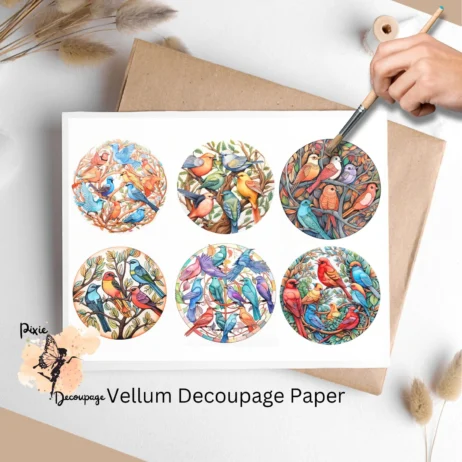 Six images of colorful birds. Birds Collage 1, Vellum Decoupage Paper