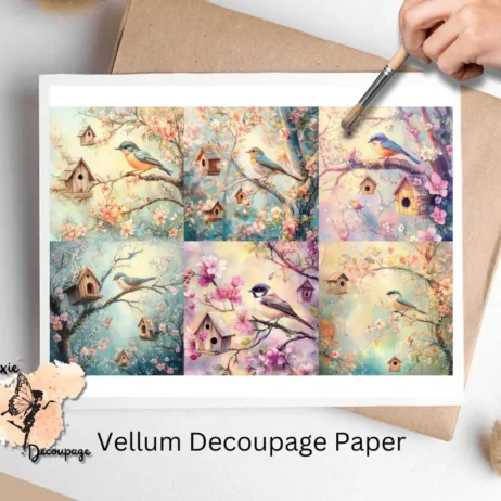 Six watercolor images of birds and birdhouses. Bird with Birdhouse Collage 2, Vellum Decoupage Paper