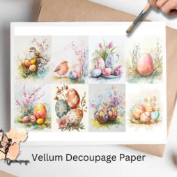 Eight images of birds and bird eggs. Easter Scenes Collage 1, Vellum Decoupage Paper